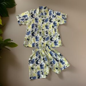 boys cotton shirt & shorts set – blue elephant print